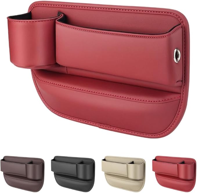 Car Leather Cup Holder Gap Bag,2025 Upgrade Car Storage Box with Cup Holder,Seat Storage Box Gap Filler Organizer for Glasses Phone Keys and Cards (Red, Driver's Seat)