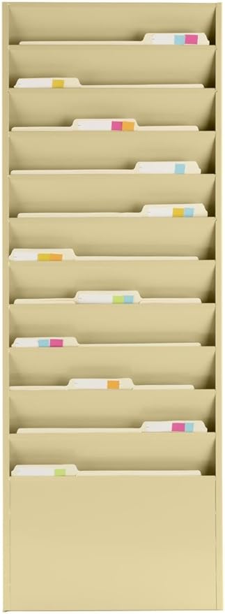 Durham Displays2go Hanging File Folder Rack with 11 Tiered Pockets, Wall Mount Office Organizer - Tan Powder-Coated Steel