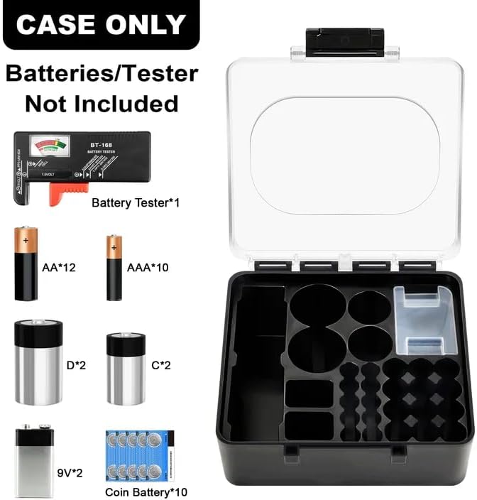 Battery Storage Organizer Box, Holder Container Bag for 28+ AA AAA C D 9V 3V Lithium Button Coin Batteries, Plastic Home Batteries Variety Pack Protective Organization(Case Only), Tester Not Included