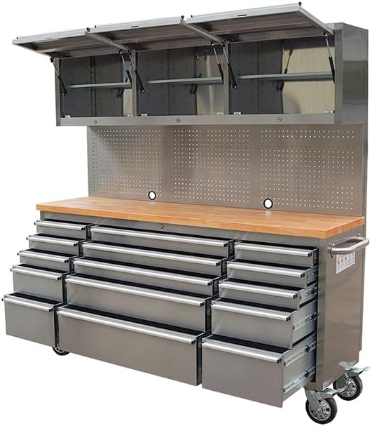 72-Inch Stainless Steel Rolling Tool Chest with 15 Drawers + 3 Upper Cabinets, Lockable Storage Cabinet, Mobile Workbench, Assembled Large Tool Box with Wheels for Garage Workshop (1 × HTC7218W1)
