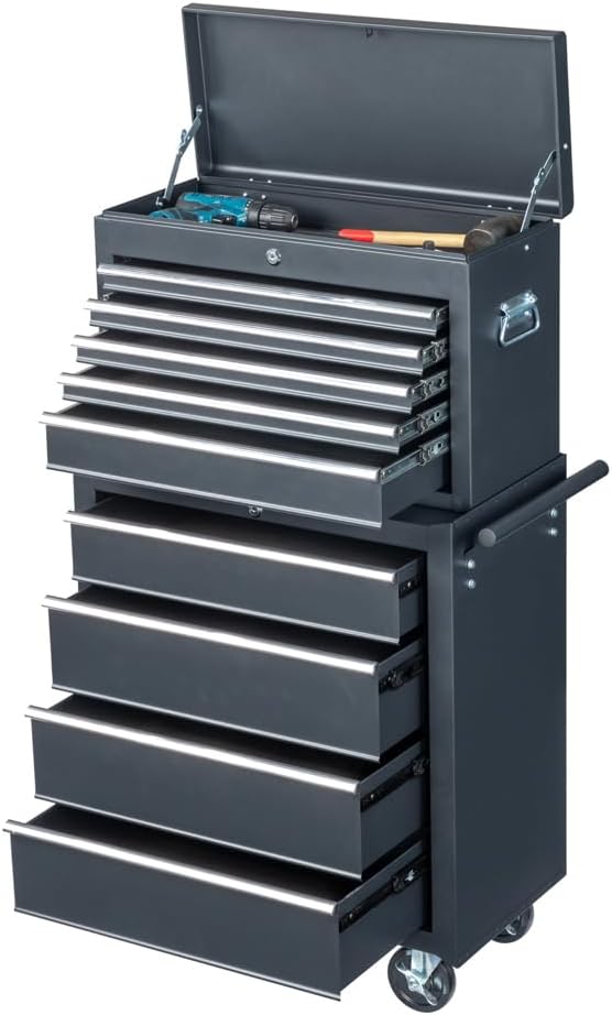 Metal Rolling Tool Box Organizer | Lockable Tool Chest with Wheels | Detachable Top Toolbox with 9 Sliding Drawers | Large Tool Storage Box Organizer for Garage Workshop & Tool Room