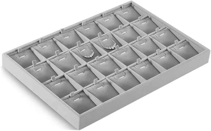 Velvet Necklace Display Tray, Stackable 24 Grid Insert Pendant Necklaces Storage Holder Plate, Jewelry Retail Countertop Organizer (Gray)