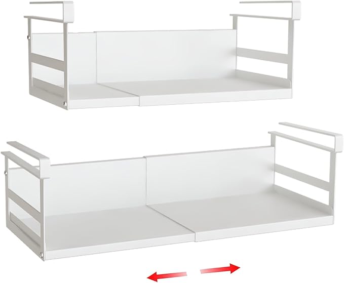 Expandable Under Cabinet Shelf Organizer with 0.94-Inch Thick Clips, Heavy Duty Extendable Under Shelf Storage Basket for Pantry or Laundry Room, White, 2 Pack, Interior: 4.13" H x 7.2" D