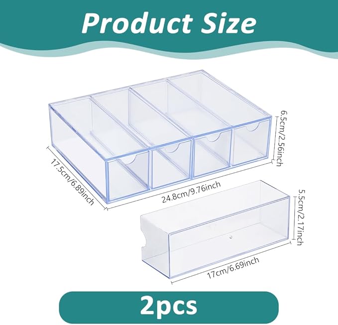 DICOSMETIC 2Pcs Small Acrylic Desk Organizer Drawers Stackable Desktop Storage Box Clear Stationery Supplies Organizer with 8Pcs Removable Drawer for Makeup Office Supplies Storage