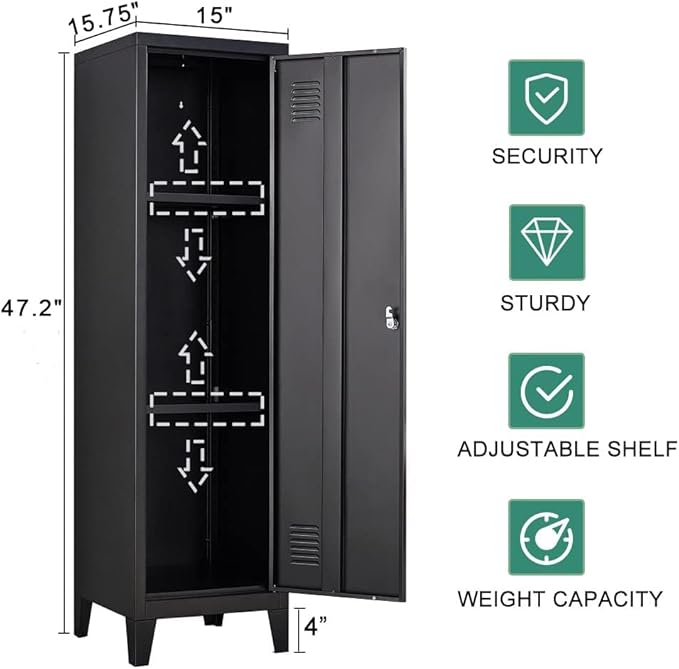 Metal Cabinet, 47" H Home Office Storage Lockers, Vertical Steel Storage Cabinet with Locking Door and 2 Adjustable Shelves, Small Metal Locker Cabinets (1 Door, Black)