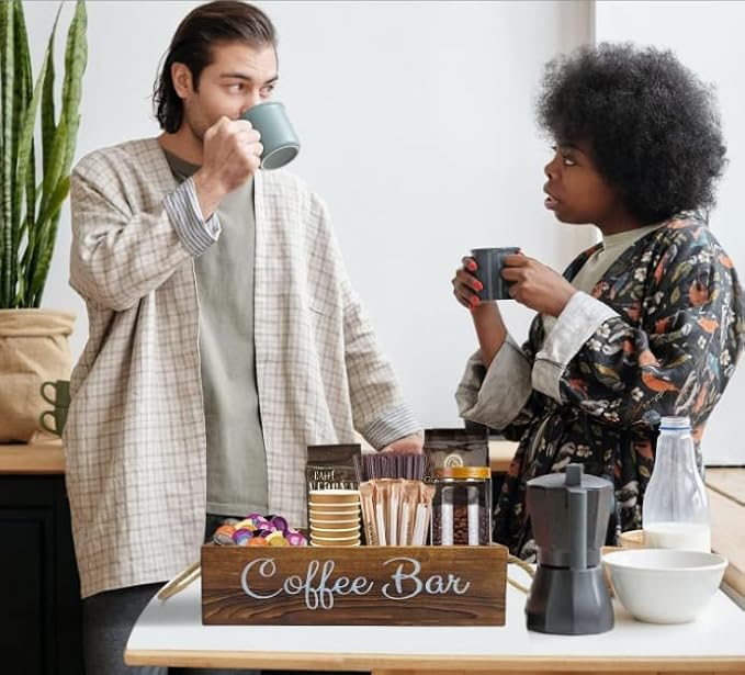 Coffee Counter Storage Rack Wooden Coffee Bar Storage Rack Features Removable Shelves Holds Coffee Pods,Sugar Packets,Stirrers And Tea Sets—Office Coffee Bar Accessories