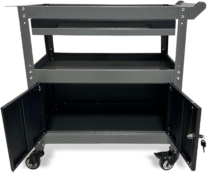 3 Tier Steel Rolling Cart for Tool Organizer, Industrial Grade Utility Service Carts with Drawer & Storage Lockable Cabinet, for Workshop Repair Shop Garage