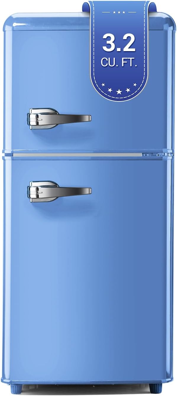Retro Mini Fridge with Freezer, 3.2 Cu. Ft. Small Retro Refrigerator with Freezer 7-Level Adjustable Thermostat, Compact 2-Door Vintage Fridge Apartment Refrigerator for Home, Office, RV, Blue