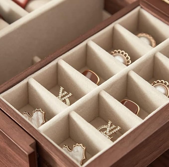 CHOSIN Black Walnut Jewelry Box for Women, 3-Level Multi-functional Organizer with Mirror for Watches, Necklaces, Rings & Earrings Storage Christmas Gifts