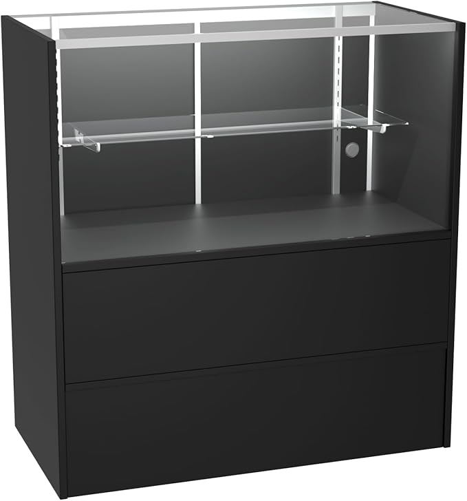 WISDOMFUR 4-Foot Display Showcase with LED Lighting – 48" L x 18" W x 38" H, Adjustable Glass Shelf, Locking Sliding Doors, Melamine Finish – Black Retail Display Cabinet