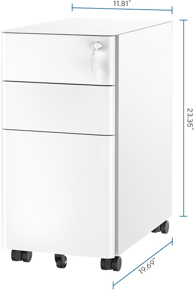 Mount-It! Slim Rolling Under Desk Cabinet, Mobile Filing Cabinet with 3 Drawers and Lock for Home & Office File Storage, White
