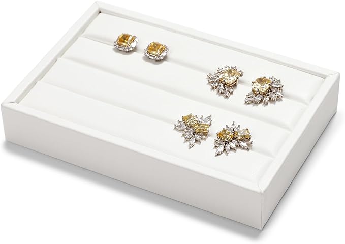 Oirlv 3 Slots PU Leather Small Ring Organizer Earrings Trays Showcase Display Storage Insert Holder for Jewelry Box, Drawer, Dresser(White,M)