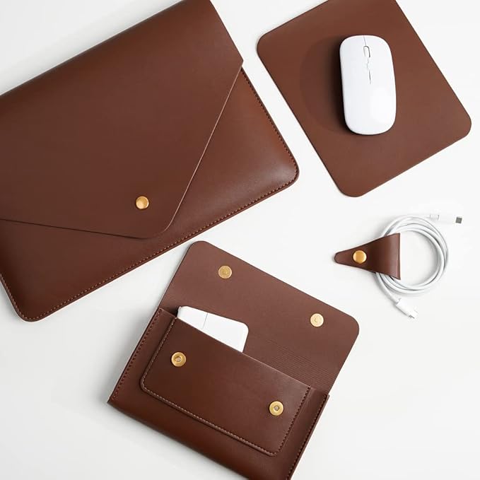 PU Leather Laptop Sleeve 13 Inch Compatible for 13 MacBook Air M3 M2,13 MacBook Pro M2, Surface Pro, Dell XPS 13 with Small Pouch, Mouse Pad and Cord Organizer Color Dark Brown