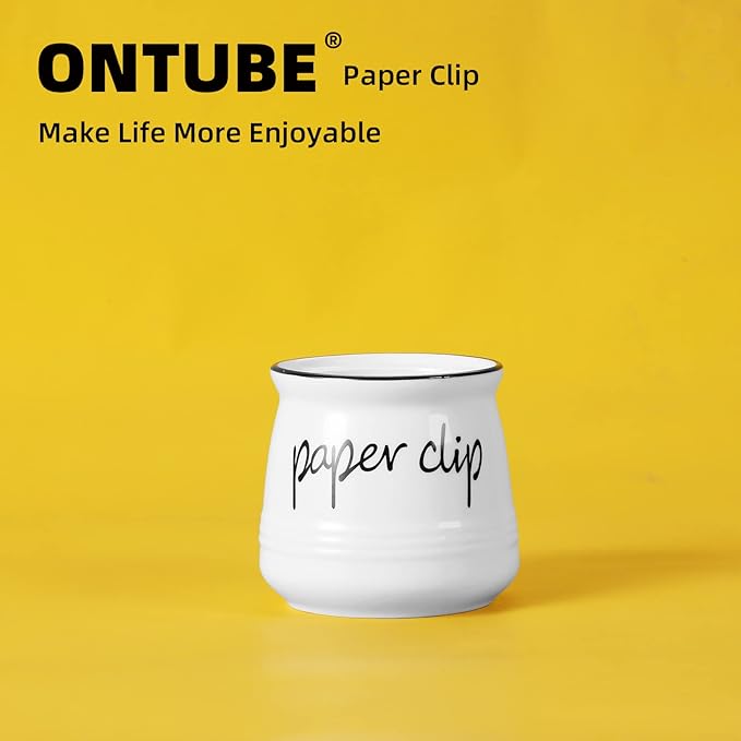 ONTUBE Farmhouse Paper Clip Holders,Ceramic Binder Clip Dispenser Organizer for Desk ,Cute Office Push Pins Holder,12 oz (White)