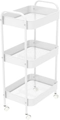 3-Tier Metal Utility Rolling Cart, Multi-Functional Storage Trolley for Office, Living Room, Kitchen, Movable Storage Organizer with Wheels, White