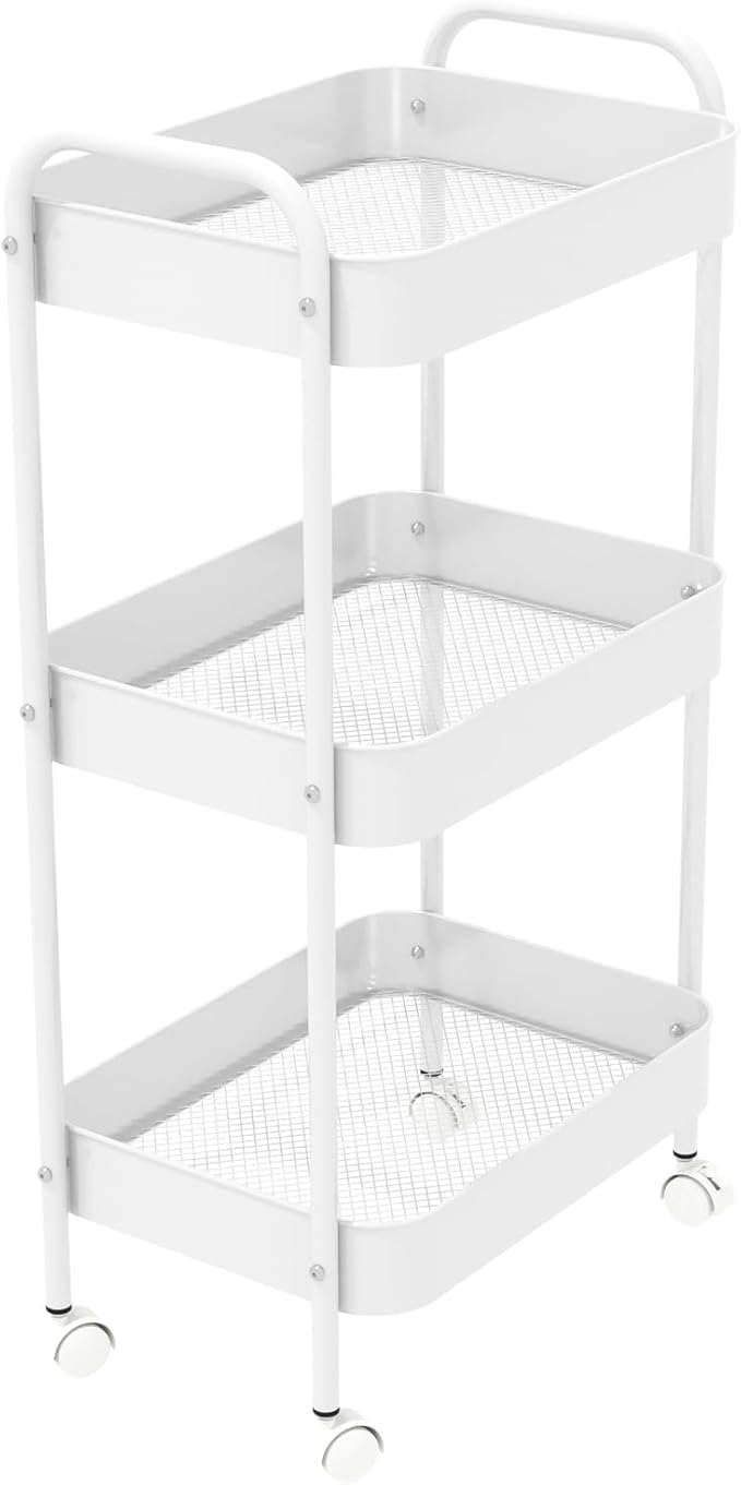 3-Tier Metal Utility Rolling Cart, Multi-Functional Storage Trolley for Office, Living Room, Kitchen, Movable Storage Organizer with Wheels, White
