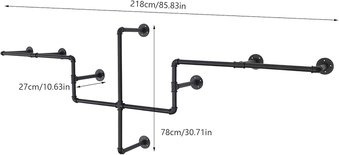 Industrial Pipe Clothes Rack Wall Mounted, 85.83 inches Heavy Duty Iron Pipe Clothing Garment Rail, Multi-Purpose Clothing Hanging Rod for Laundry Room and Closet Storage