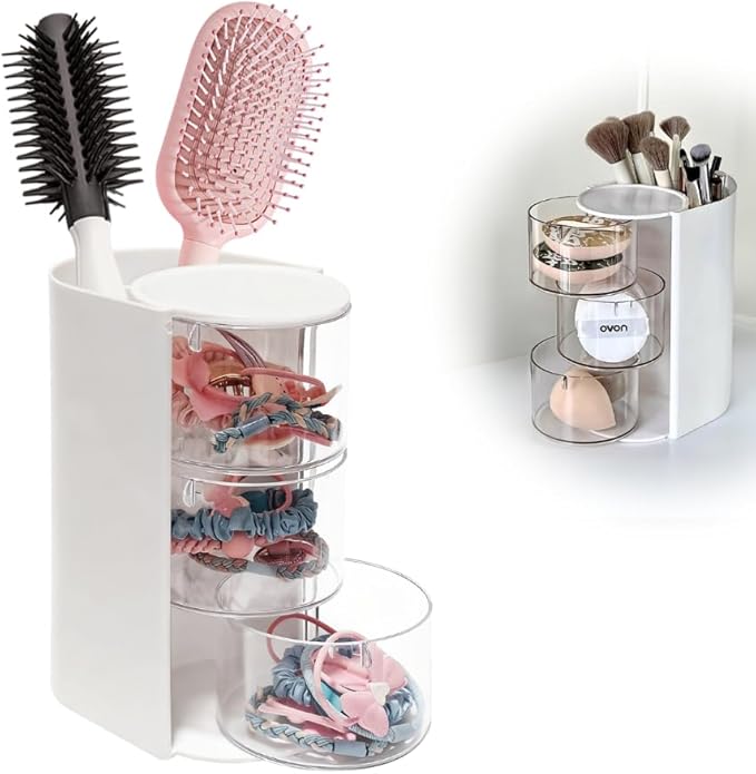 Hair Accessory Organizer, hair brush organizer, 3-Layer Clear Hair Accessories Organizer Rotatable Small Jewelry Box for Clip Earring Necklaces, The Latest Gift for A Girl. (white)