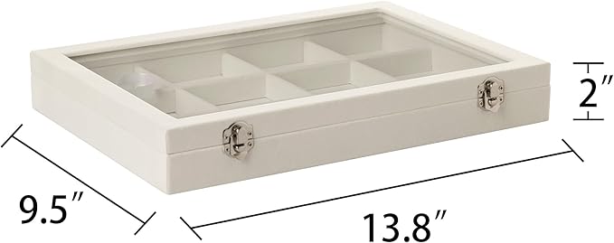 Frebeauty Velvet Jewelry Tray,12 Grid Jewelry Organizer with Clear Lid,Bracelets Holder,Jewelry Display Case with Clasp,Drawer Insert Bangle Brooch,13.8 x 9.5 x 2 Inches,Gift for Women Girls(Beige)