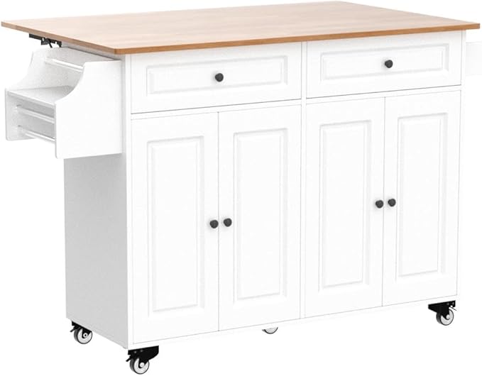 Kitchen Island on Wheels Kitchen Cart with Rubber Wood Top, Mobile Kitchen Island with Double Storage Cabinet and Drawers, Island Table for Kitchen (White)