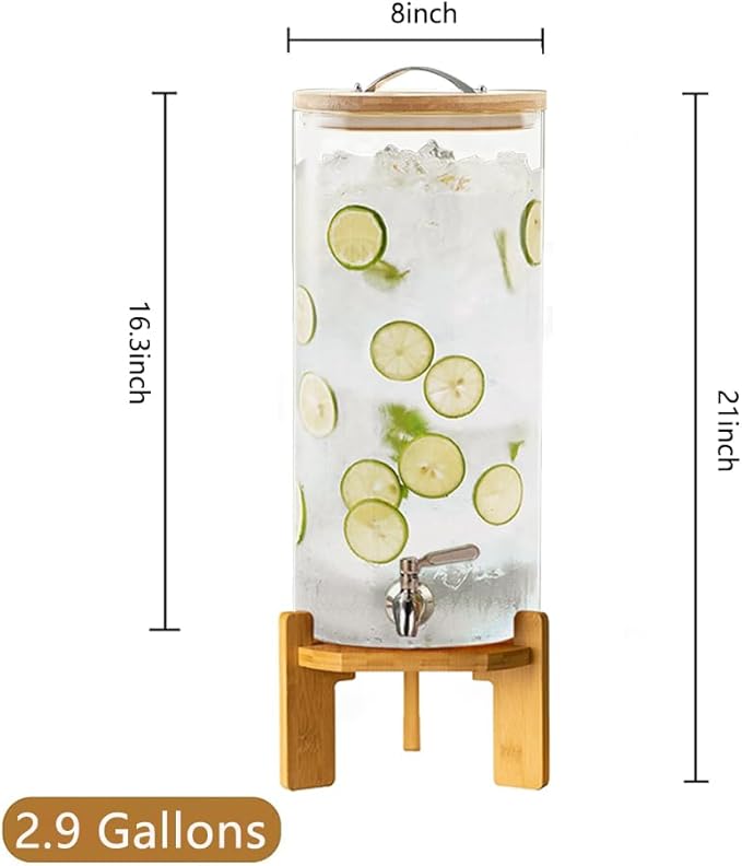 Beverage Dispenser, 2.9 Gallon Glass Drink Dispenser with Stand, Glass water dispenser with Spigot, Large Drink Dispensers for Parties,Bars,Restaurants, 11L