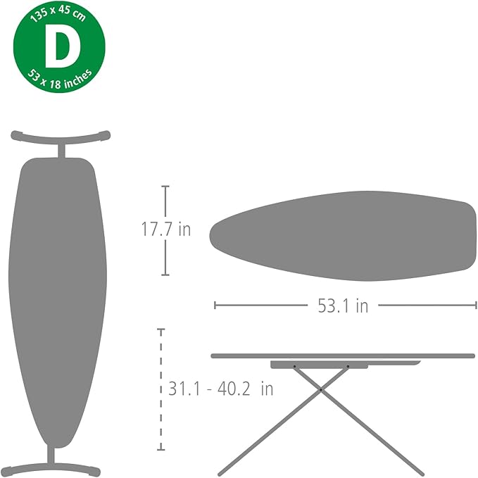 Brabantia Size D Ironing Board (53 x 18in) Heat Resistant Parking Zone, Black Frame, Non-Slip Feet, Suitable for Sit Down Ironing (Denim Black)