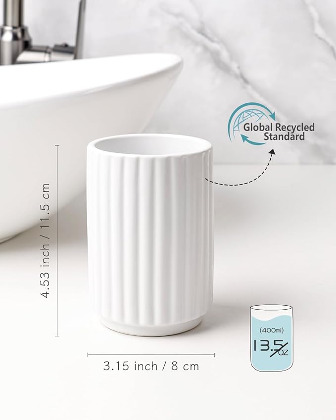Toothbrush Holder, Tooth Brush Holder for Bathroom - Ceramic Toothbrush Cup Toothbrush Holders Countertop, Stripe Design Makeup Brush Holder Pen Holder, ANTIS'S HOME (White)