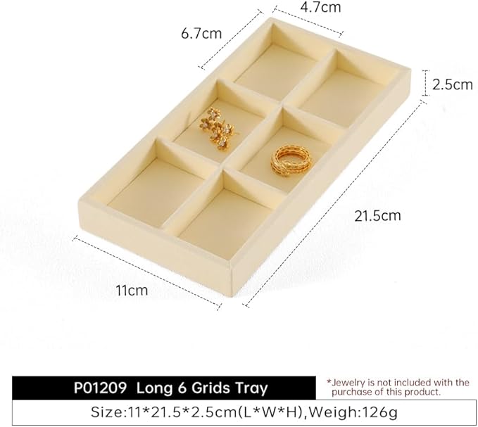 Dark Blue Jewelry Display Tray Ring Necklace Earring Bangle Organizer Multifunctional Storage Case for Jewelry Showcase (Long 6 Grids Tray(beige))