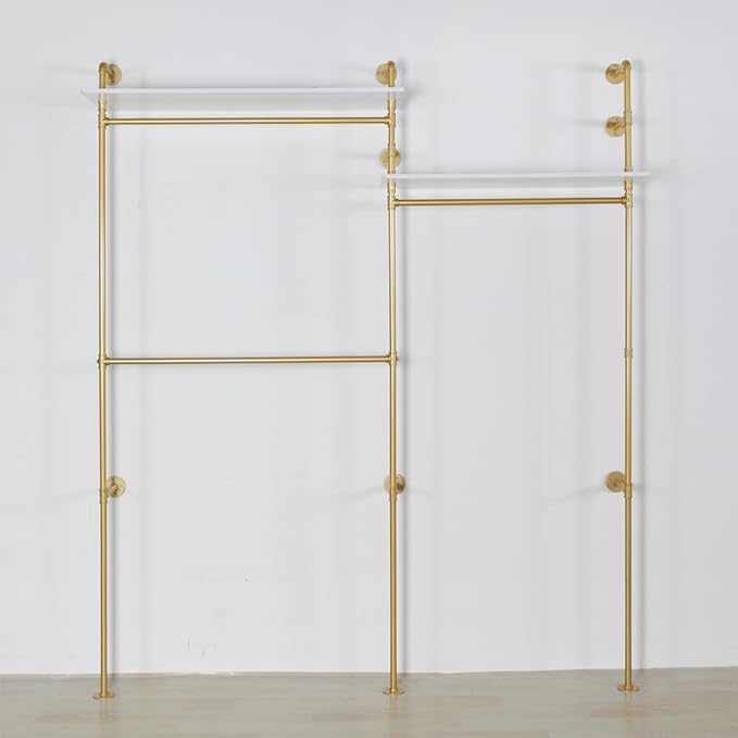 Industrial Pipe Clothing Rack Wall Mounted, Heavy Duty Hanging Clothes Rack Clothing Store Display Stands Garment Rack Closet System, 2 Tier Wood Garment Rack (Gold, 96.5x80.7inch)