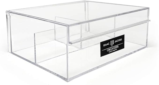 Isaac Jacobs 3-Compartment Clear Acrylic Organizer with Lid (6.7" L x 8.6" W x 3.4" H), Multi-Sectional Tray, Storage Solution for Makeup, School & Office Supplies (1 Large, 2 Medium)