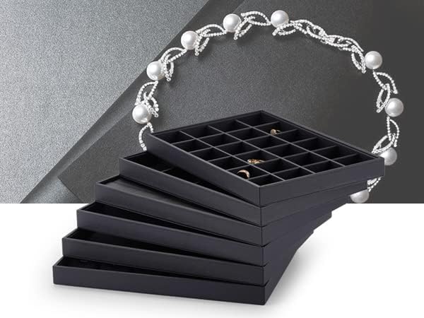 Stackable Jewelry Organizer Tray Premium PU Leather 24 Grid Jewelry Display Tray Trinket Earring Ring Organizer
