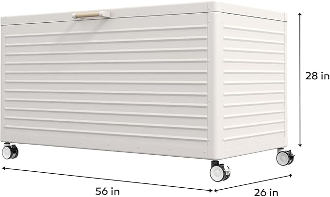 MIRADOR 175 Gallon Outdoor Storage Box Waterproof with Wheels, Metal Deck Box for Patio Furniture, Garden Tools, Outdoor Cushion, Latte