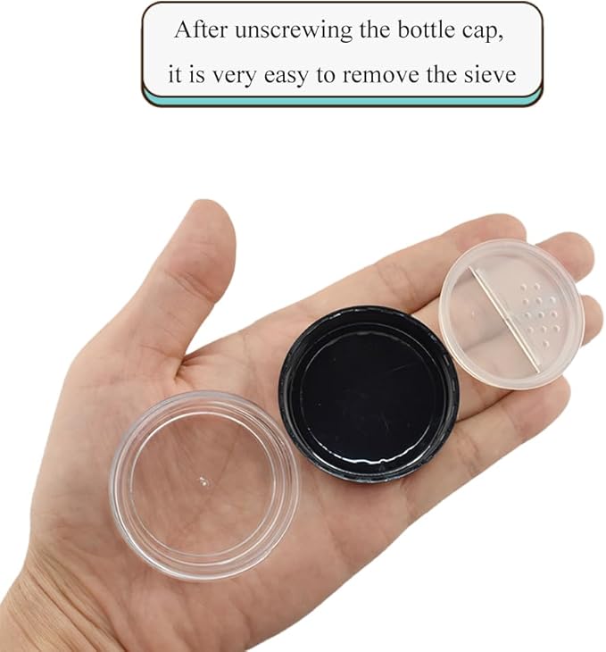HAHIYO 1Pcs 20ml/0.68oz Plastic Empty Travel Compact Case Makeup Cosmetic Jar Refillable Powder Box No Leak Holder with Rotatable Sifter and Black Screw Lid