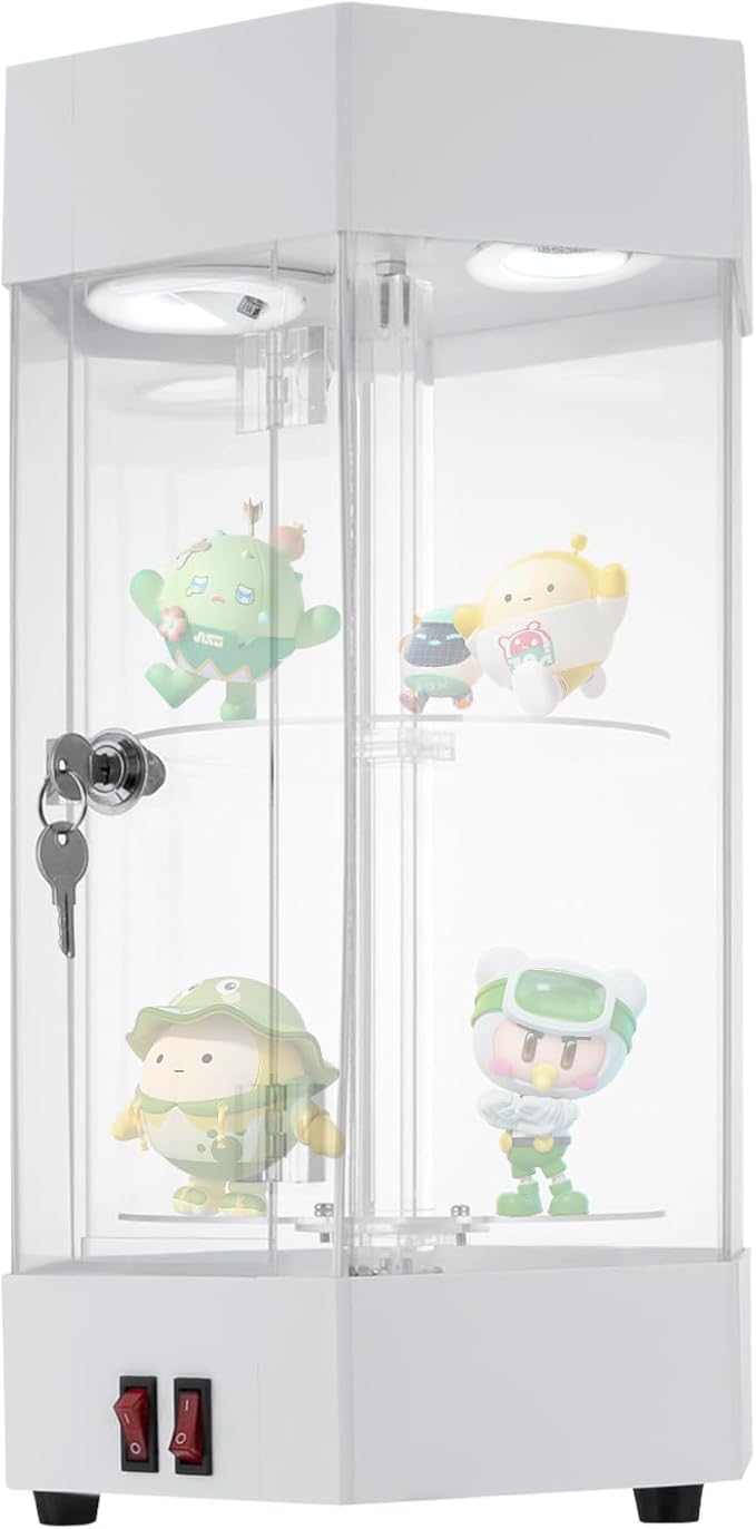 LED Electric Rotating Acrylic Display Case, Jewelry Display Case, Free Standing Electric Rotating Display Case with Lock and Keys for Cosmetics Jewelry Watch Sunglasses White/Balck (White)