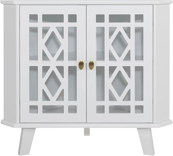 Scurrty 32'' Corner Shelf Stand, Small Corner Table Sideboard Cabinet with 2 Doors and 2-Tier Shelves, Free-Standing Storage Organizer for Living Room, Dining Room & Bathroom (White)