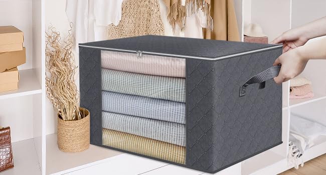 Large Clothes Storage Bags 4 Pack, Foldable Closet Organizers with Durable Breathable Fabric & Clear Window for Blankets, Comforters, Pillows, Bed Sheets, Toys & Seasonal Clothing (Gray)