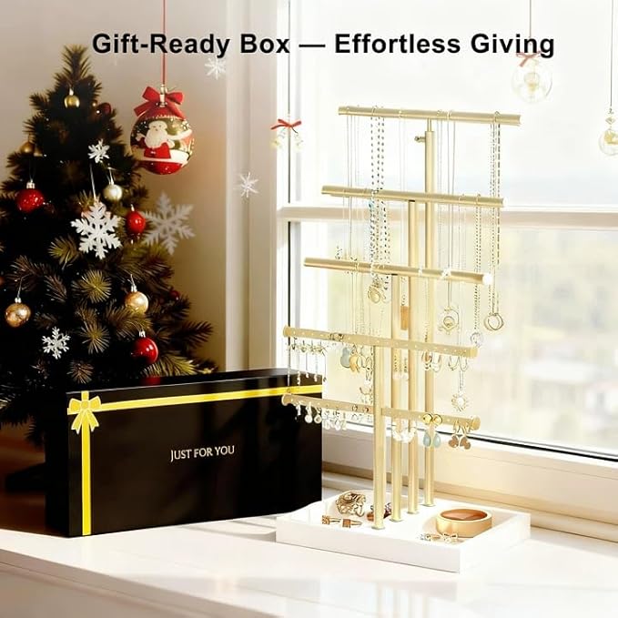 Love-KANKEI Jewelry Organizer Stand,5 Tier Large Necklace Holder with Wood Base,Jewelry holder stand Tree for Display,Bracelets Earrings Rings,Height Adjustable Gift White and Gold