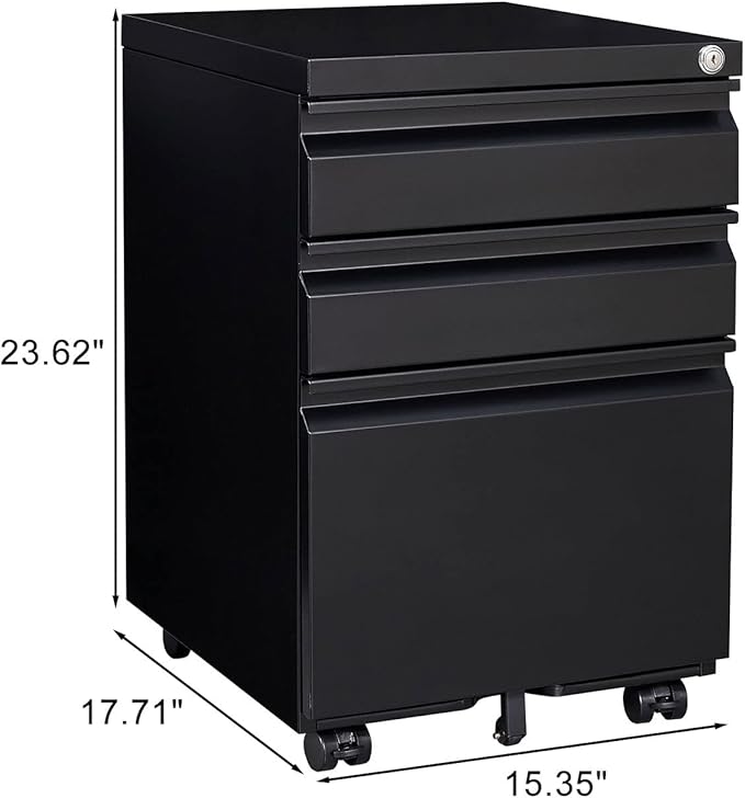 3-Drawer Lockable Mobile File Cabinet – Metal A4/Letter/Legal Size Storage for Home/Office, Pre-Assembled, Space-Saving Under-Desk Cabinet with Wheels (Black)