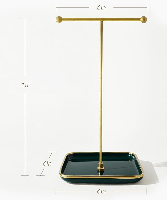 VROOMIUM Necklace Holder- Ceramic Base 1ft Height Jewelry Organizer Stand, Aesthetic Jewelry Hanger Display for Necklaces, Bracelets, Rings, Exhibidor de Collares-Elegant Green
