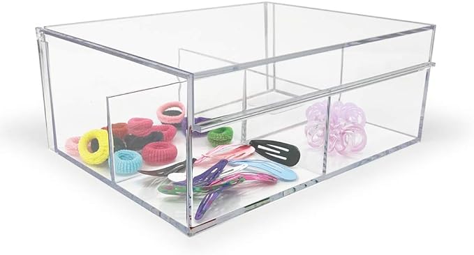 Isaac Jacobs 4-Compartment Clear Acrylic Organizer with Lid (6.7" L x 8.6" W x 3.4" H), Multi-Sectional Tray & Storage Solution for Makeup, School & Office Supplies & More, for Bathroom, Kitchen