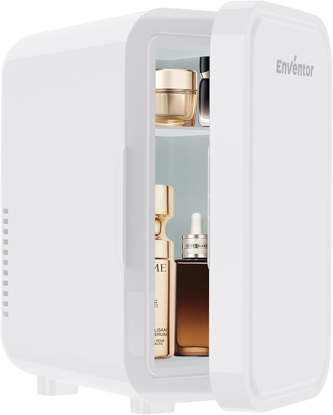 Enventor Mini Refrigerator, 6L/ 8 Can Compact Skincare Fridge AC+DC Power Cooler & Warmer Small Refrigerator for Bedroom, Skincare, Makeup, Cosmetics, Car, Office (White)