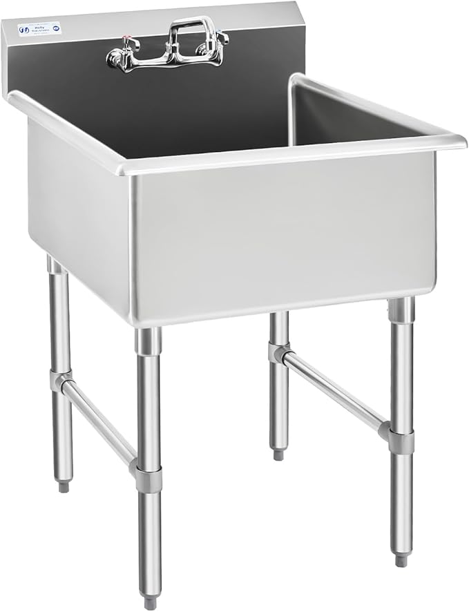 HALLY Commercial Stainless Steel Sink 1 Compartment NSF Prep & Utility Sink with 8" Faucet 24" L x 24" W x 12" D Bowl for Bar, Restaurant, Kitchen, Hotel and Home