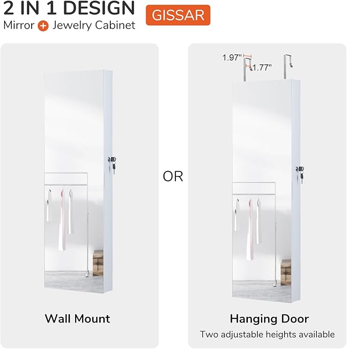 GISSAR Full Length Mirror Jewelry Cabinet, 6 LEDs Jewelry Armoire Wall Mounted Over The Door Hanging, Jewelry Organizer Display Storage Furniture with Lights Locker Mirrored Cabinet, 39.4" H, White