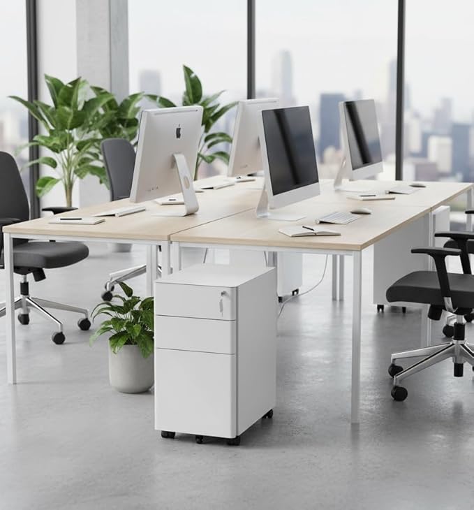 Mount-It! Slim Rolling Under Desk Cabinet, Mobile Filing Cabinet with 3 Drawers and Lock for Home & Office File Storage, White