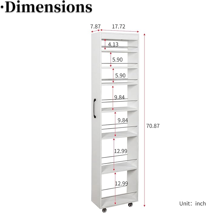JOYSOURCE Slim Pull-Out Kitchen Cart with 7 Tiers, Narrow Rolling Storage Cabinet for Next to Fridge, Tall 7-Tier Organizer Rack with Black Handles & Wheels White