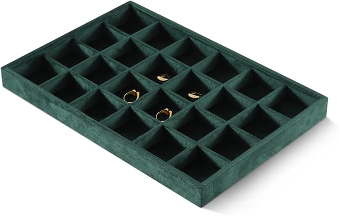 Velvet Stackable Jewelry Display Tray, 24 Grid Earring Ring Storage Tray, Drawer Divider Jewelry Accessories Organizer Plate (Green)