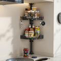Standing Spice Rack Organizer, Counter Corner Double Tier Lazy Susan, Height Adjustable 360 Rotating Storage Rack with Hooks for Kitchen & Bathroom Corners (Black)