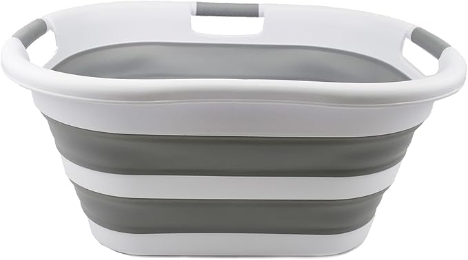 SAMMART 40L (10.5 gallon) Collapsible Plastic Laundry Basket - Space Saving Storage Container - Portable Washing Tub - Foldable Pop Up Hamper/Basket (1, White/Grey)