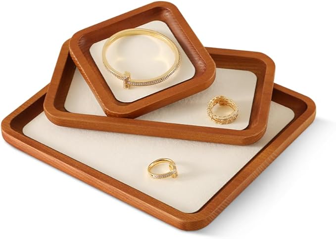 Wooden Jewelry Display Tray Rounded Rectangle Ring Showcase Stackable Elegant Bracelet Watch Jewelry Organizer for Personal Use and Commerce (Old Lace, Large-W 7'' x H 0.6'' x L 7.9'')
