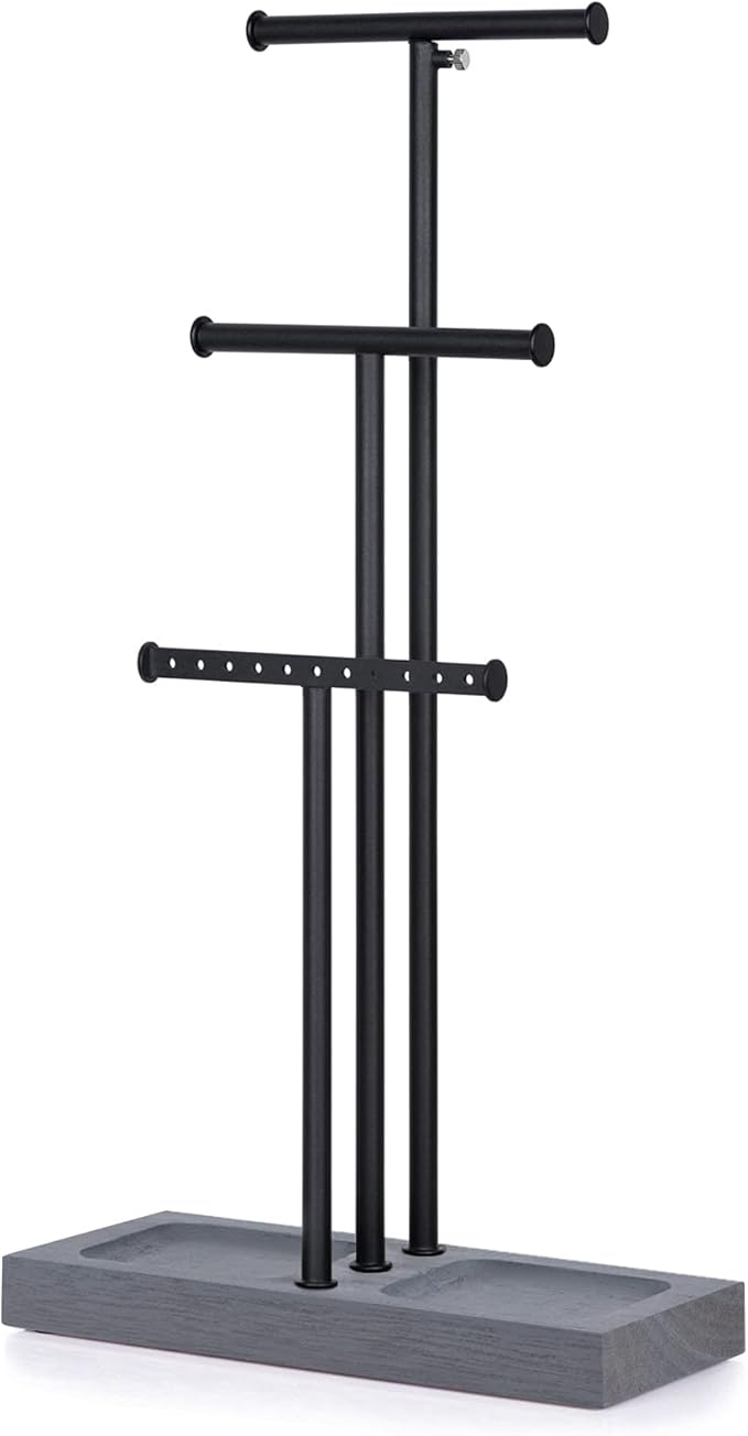 Love-KANKEI Jewelry Organizer Stand Metal & Wood Base and Large Storage Necklaces Bracelets Earrings Holder Organizer Gift Black and Weathered Grey